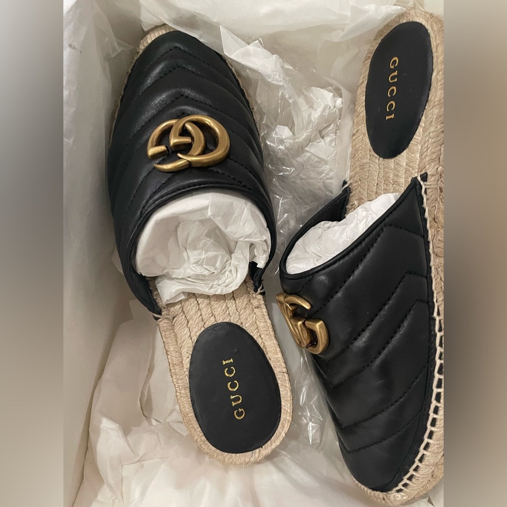 NWT Gucci Espadrille Flats Nappa Charlotte Nero Leather Double G Gold Size 36